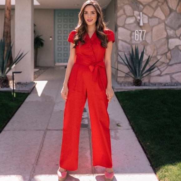 Gal Meets Glam Pants - NEW Gal Meets Glam Camille Red Cotton Jumpsuit